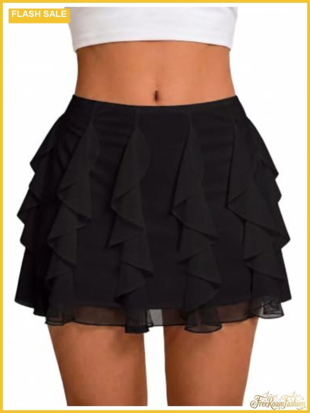 Mini Skirt Layered Ruffle Flowy Mesh A-Line Elastic Waist Summer Party